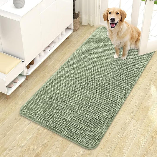 OLANLY Dog Door Mat for Muddy Paws 44x24, Absorbs Moisture and Dirt, Absorbent Non-Slip Washable Doormat, Quick Dry Chenille Mud Mat for Dogs, Entry Indoor Entryway Carpet for Inside Floor, Sage Green