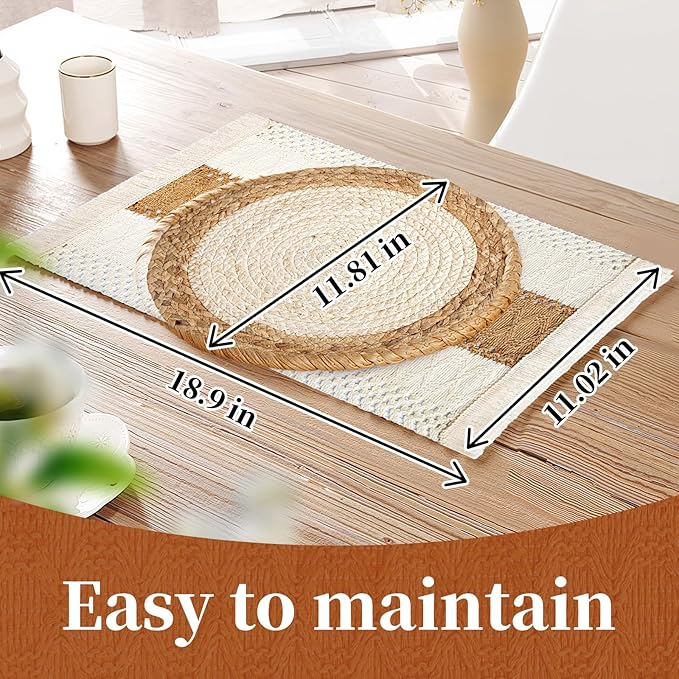 Handmade Boho Placemats Set of 6 - Natural Cotton Burlap and Water Straw Woven Combination Table Mats, Macrame Décor and Farmhouse Style Placemats, for Dining Table Kitchen (Natural, 6PC)