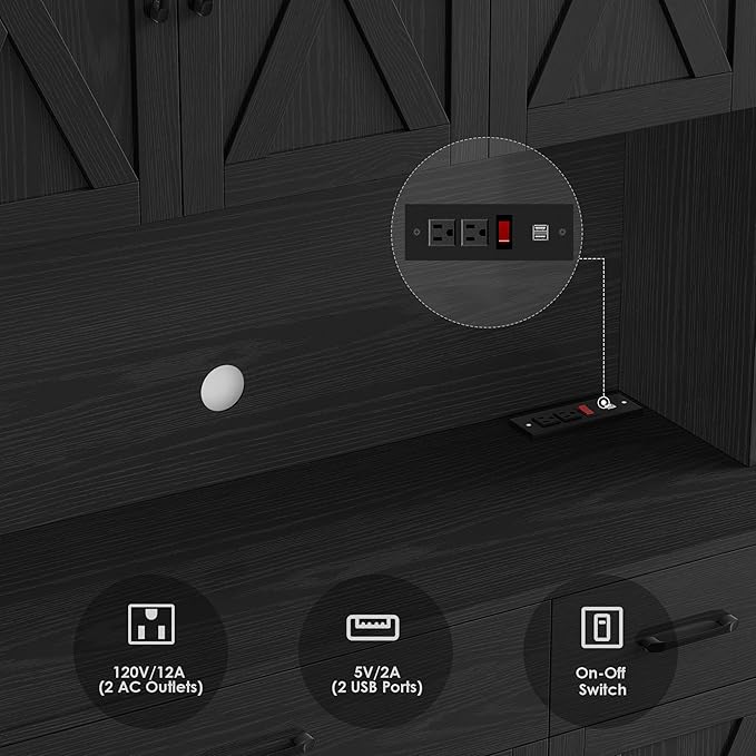 HOSTACK 71" Pantry Cabinet with Charging Station, Tall Kitchen Pantry Storage Cabinet with Microwave Stand, Farmhouse Kitchen Hutch with Storage Drawers for Living Room, Dining Room, Black Wood Grain