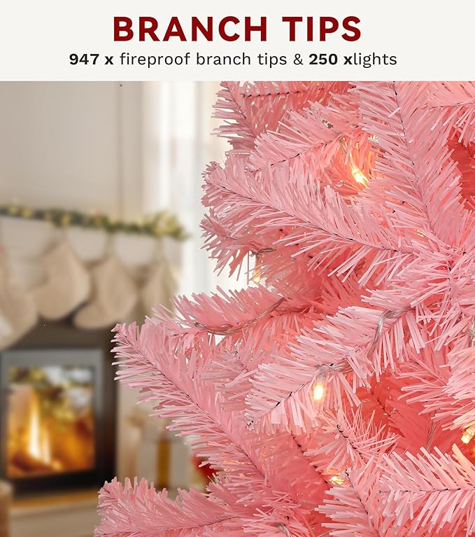 DWVO 6ft Pre-lit Christmas Tree with Lights, Pink Prelit Atificial Trees with 947 Tips & 250 UL Listed Lights, Automatic Branches & Easy Assembly for Home Party