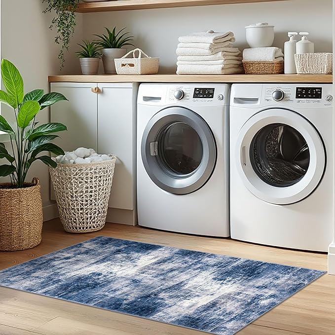 IOHOUZE Abstract Runner Rug 2x5 Ft Washable Runners for Hallways, Non Slip Kitchen Runner Printed Faux Wool Entryway Runner Indoor, Modern Abstract Floor Carpet for Hall Kitchen Bedroom, Navy/Grey