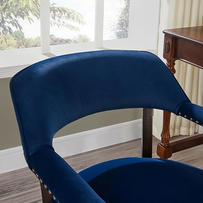 Dinning Chairs with Wheels and Arms Set of 2, Solid Wood Office Desk Chairs with Frosted Velvet Upholstered, Classic Swivel Accent Chairs, 31.5" H Boss Caption's Chair, Ocean Blue XXY-HT22-OB