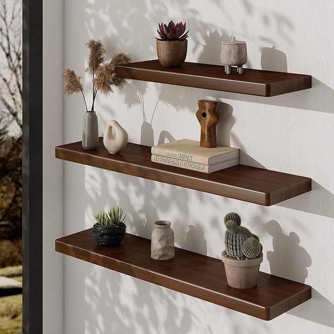36" Rustic Walnut Wood Floating Shelves, 8 Inch Deep Wall Shelves for Home Decor, Wall Mounted Floating Shelf with Invisible Bracket, Heavy-Duty Storagefor Living Room, Bedroom, Kitchen, Set of 2