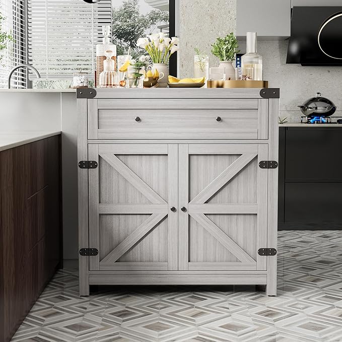 JUMMICO Coffee Bar Cabinet Farmhouse Kitchen Sideboard Buffet Cabinet with Drawer and Adjustable Shelf Barn Door Storage Cabinet for Kitchen, Dining Room, Bathroom, Entryway (Ash Grey)