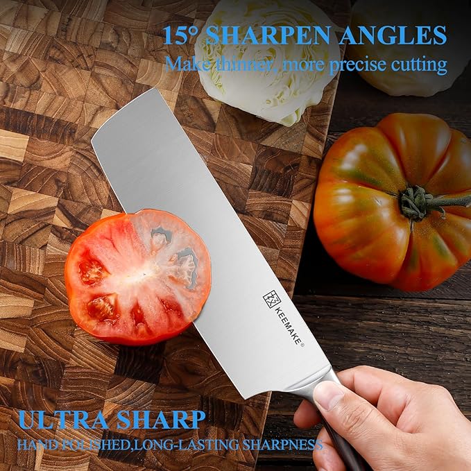KEEMAKE Nakiri Knife 7 Inch - Sharp Meat Cleaver with High Carbon Stainless Steel Blade, Japanese Kitchen Vegetable Cooking Knife with Ergonomic Pakkawood Handle and Gift Box Included