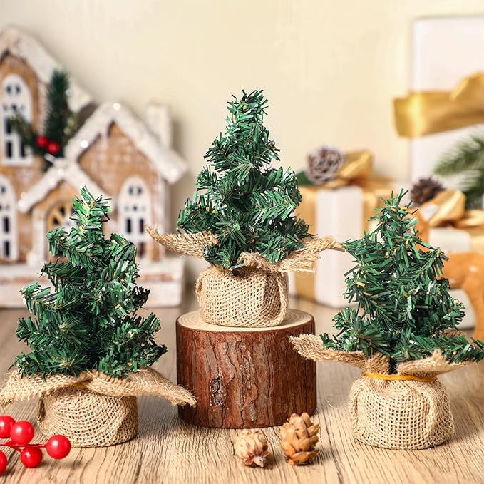 Yinder Tabletop 12 Pcs Mini Christmas Tree 5.91 Inches Artificial Mini Xmas Miniature Pine Christmas Tree with Linen Base for Xmas Holiday Decorations Indoor Home Kitchen Dining Table