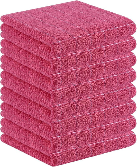 Homaxy 100% Cotton Terry Kitchen Towels(Rose Red, 13 x 28 inches), Checkered Designed, Soft and Super Absorbent Dish Towels, 8 Pack