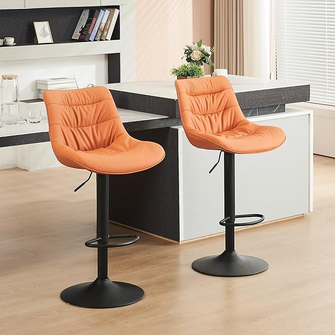 Kidol & Shellder Bar Stools Set of 2 Adjustable Swivel Orange, PU Leather Upholstered with Back, Modern Counter Height Stools for Kitchen Island, Home Bar