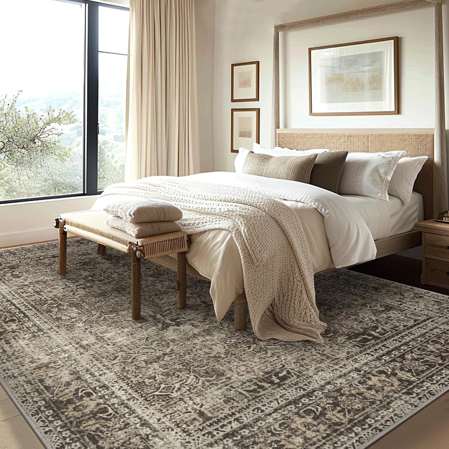 Area Rugs 6x9 for Living Room Bedroom, Vintage Machine Washable Stain Resistant Rug, Large Soft Low Pile Sage Charcoal Foor Mat with Non Slip Backing for Dining Room