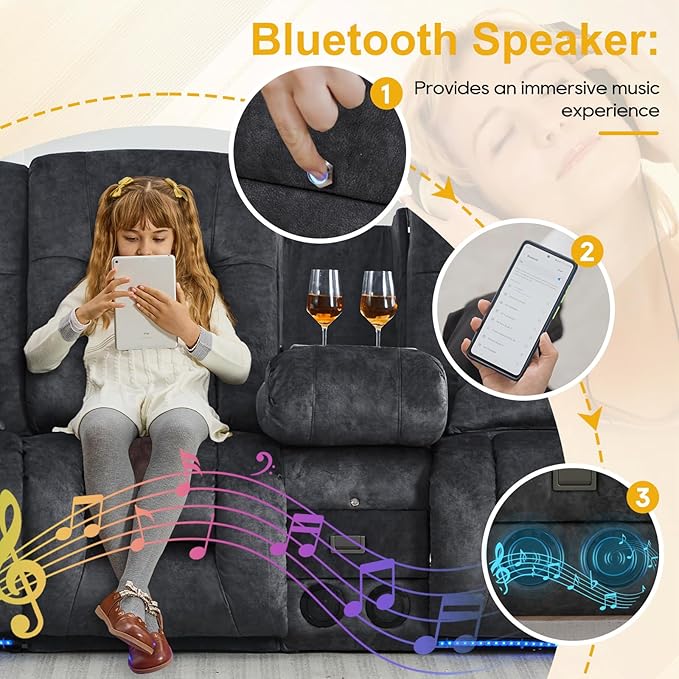 IPKIG 89" Power Reclining Loveseat Sofa, Electric Home Theater Seating with Console/4 Colors Ambient Lighting/Bluetooth Speakers/USB Ports/Built-in Outlets (Grey, 3-Seater with Console)