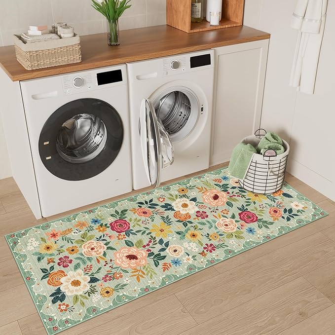 DUKINO 2x5 Runner Rug for Hallway, Washable Kitchen Floral Runner Rug with Non Slip Backing, Low Pile Soft Boho Carpet for Kitchen, Hallway, Entryway, Laundry, Bedroom, Green