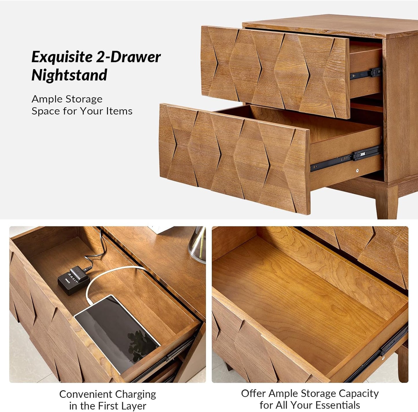 HULALA HOME Wood Nightstand with Charging Station 2 Drawer Dresser with Wooden Legs Mid Century Modern Bedside French Style End Table for Bedroom, Seadrift