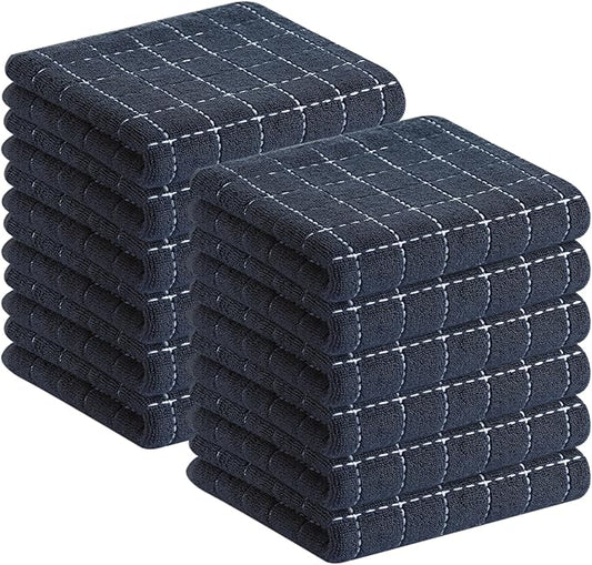 Homaxy 100% Cotton Terry Kitchen Towels(Dark Grey, 13 x 28 inches), Checkered Designed, Soft and Super Absorbent Dish Towels, 12 Pack