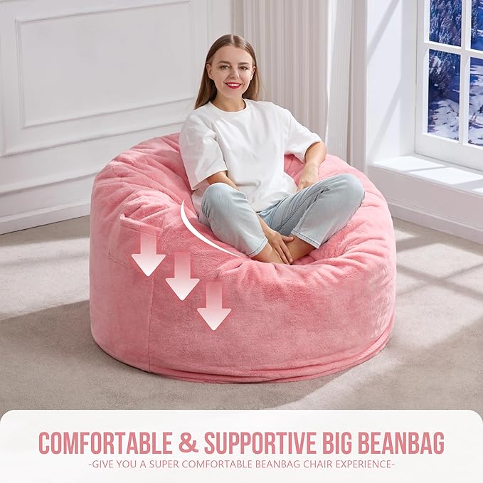 Hobestluk 3ft Bean Bag Chairs for Adults Large Beanbag Chair with Plush Faux Fur Cover Big Bean Bag Chair for Living Room Bedroom Dorm Office -Pink (36” x 36” x 22”)