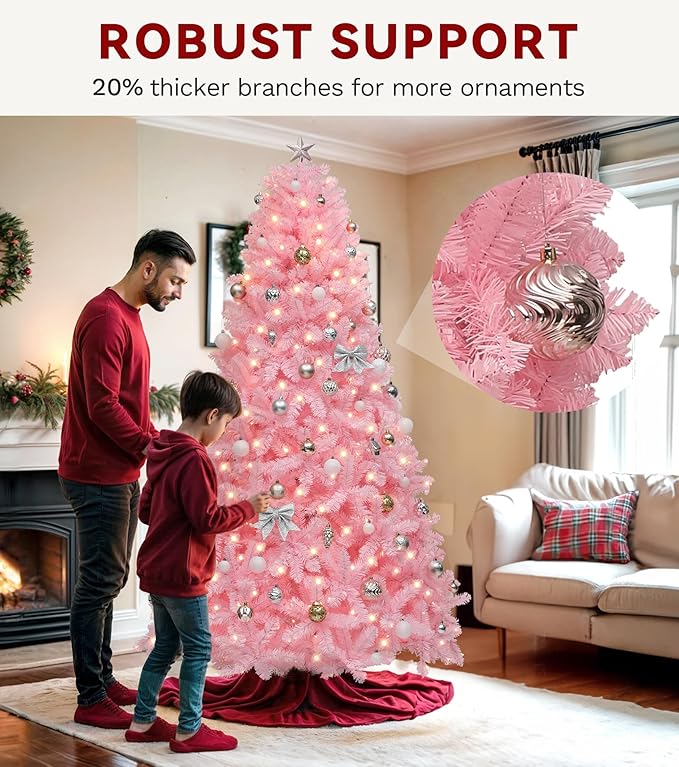 DWVO 6ft Pre-lit Christmas Tree with Lights, Pink Prelit Atificial Trees with 947 Tips & 250 UL Listed Lights, Automatic Branches & Easy Assembly for Home Party