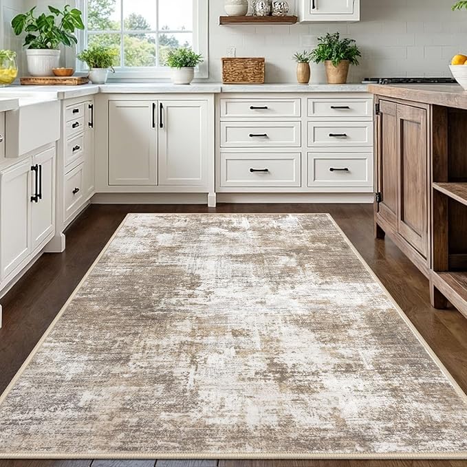 IOHOUZE Abstract Area Rugs 5x7 Ft Washable Rugs for Living Room, Non Slip Dining Room Rug, Printed Faux Wool Rugs for Bedroom, Floor Carpet for Office Nursery Playroom, Beige Brown