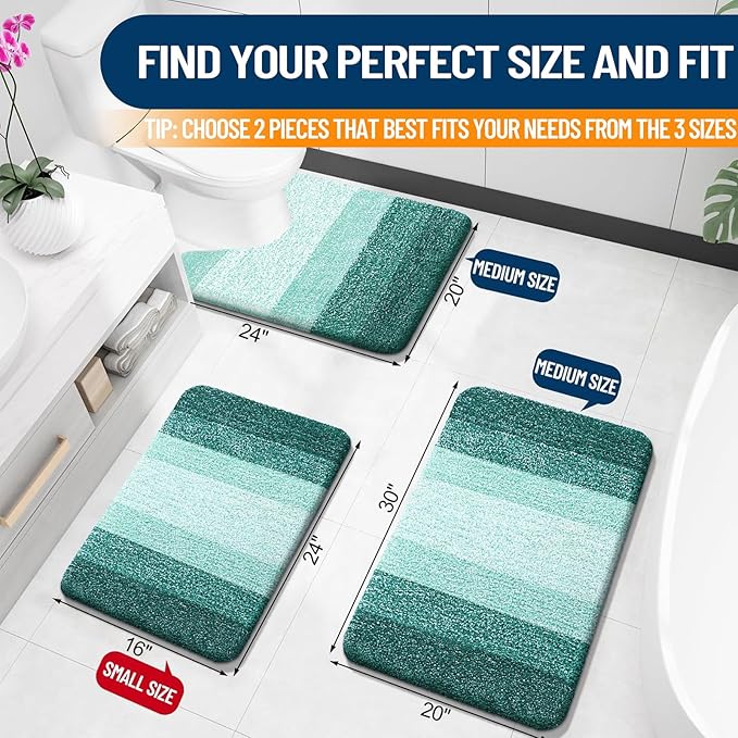 OLANLY Bathroom Rug Set 2 Piece, Soft Absorbent Microfiber Bath Mats and U-Shaped Contour Toilet Rug, Non-Slip, Machine Wash Dry, Plush Shaggy Bath Mats for Bathroom (24"x16"+24"x20", Blackish Green)