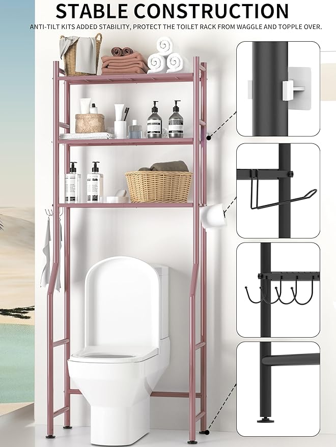 3 Tier Over The Toilet Storage Rack with 2 Basket, Metal Freestanding Bathroom Shelves Toilet with Paper Holder and 4 Hooks, Over Toilet Storage Shelf for Bathroom Storage, Bronze