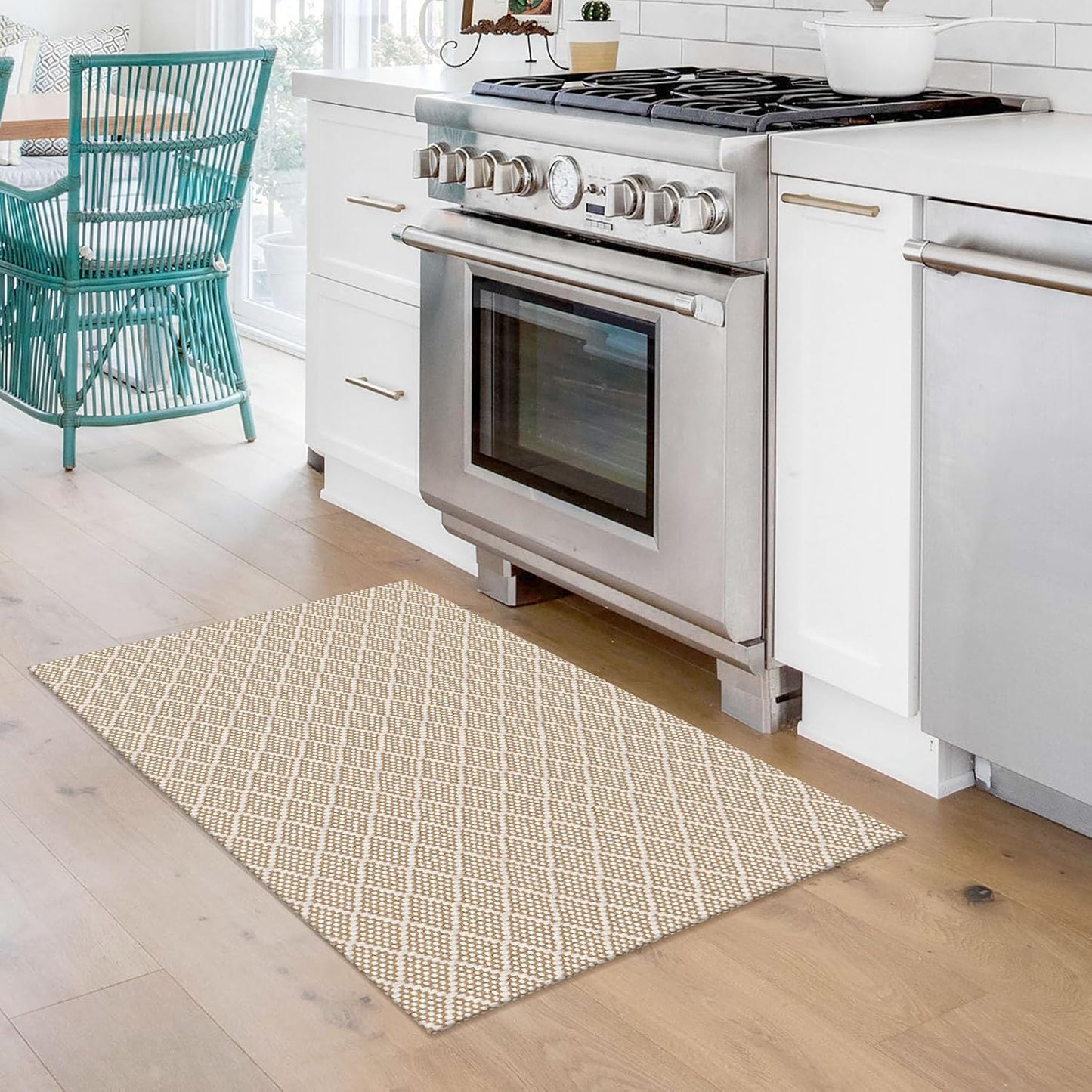 KOZYFLY Small Area Rug 2x3 Ft Washable Entryway Rug Non Slip Rubber Backed Throw Rugs Indoor Door Mat, Braided Cotton Floor Carpet for Front Entrance Front Door Sink Foyer, Tan/Beige