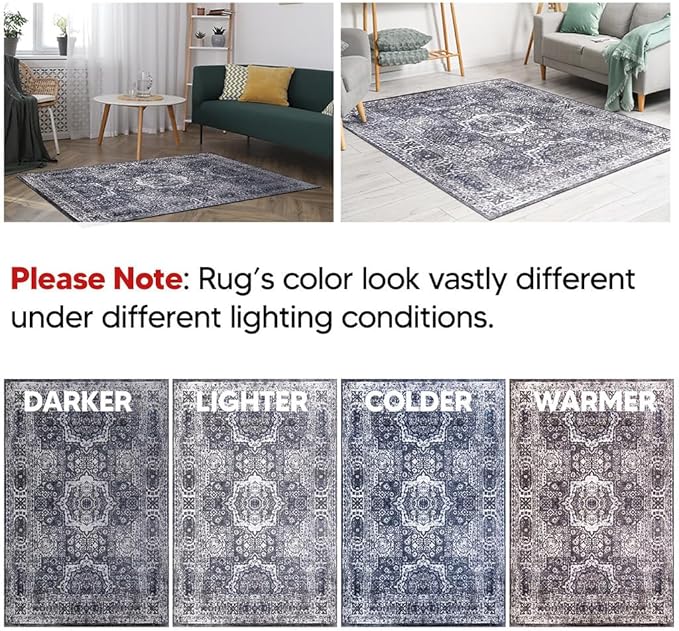 Keen Home Design Area Rugs - Non-Shedding, Thick Pile Abstract Rugs for Kitchen, Living Room, Bedroom, Dining Room, Entryway (Medallion Grey/Blue/Cream, 5'3'' x 7'7'')