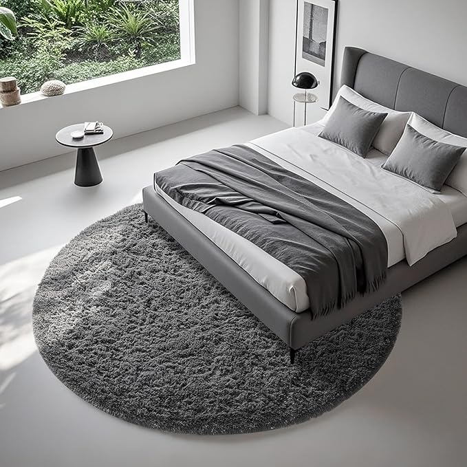 Ophanie Round Rugs 7Ft Grey Circle Area Rug, Fluffy Fuzzy Bedroom Carpet, Plush Soft Shaggy Indoor Floor Gray Living Room Rugs for Kids Home Decor Aesthetic, Nursery