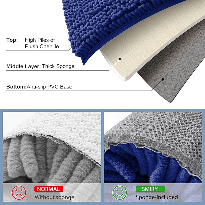 Smiry Luxury Chenille Bathroom Rugs 34x21, Extra Soft and Absorbent Shaggy Bath Mat, Machine Washable, Non-Slip Plush Carpet Runner for Tub, Shower, and Floor, Home Decor Accessories, Royal Blue