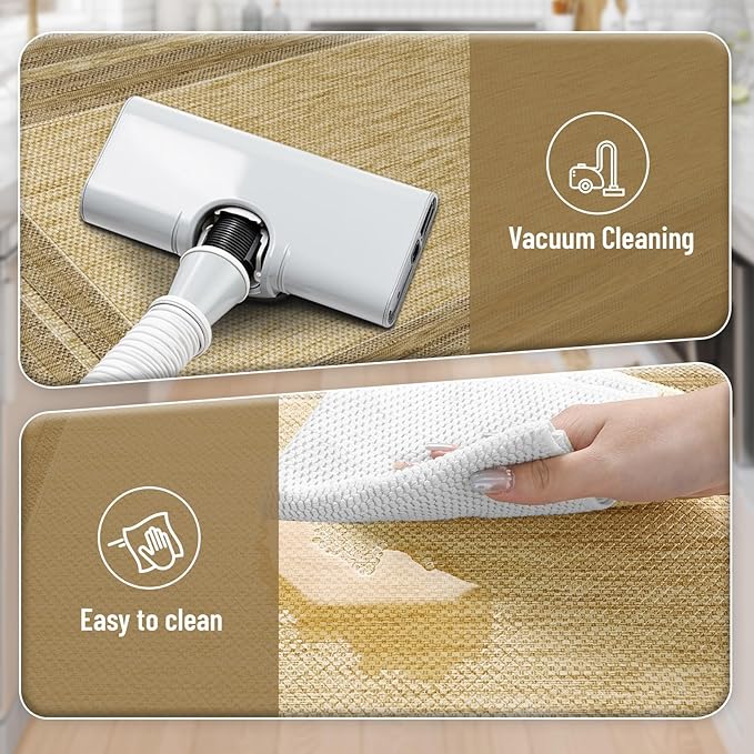 KIMODE Anti Fatigue Cushioned Kitchen Mats for Floor 2 Piece, Boho Vintage Kitchen Rugs Non Skid, Comfort Memory Foam Standing Desk Mats for Laundry Office Sink 17.3"x29"+17.3"x59" Brown/Khaki