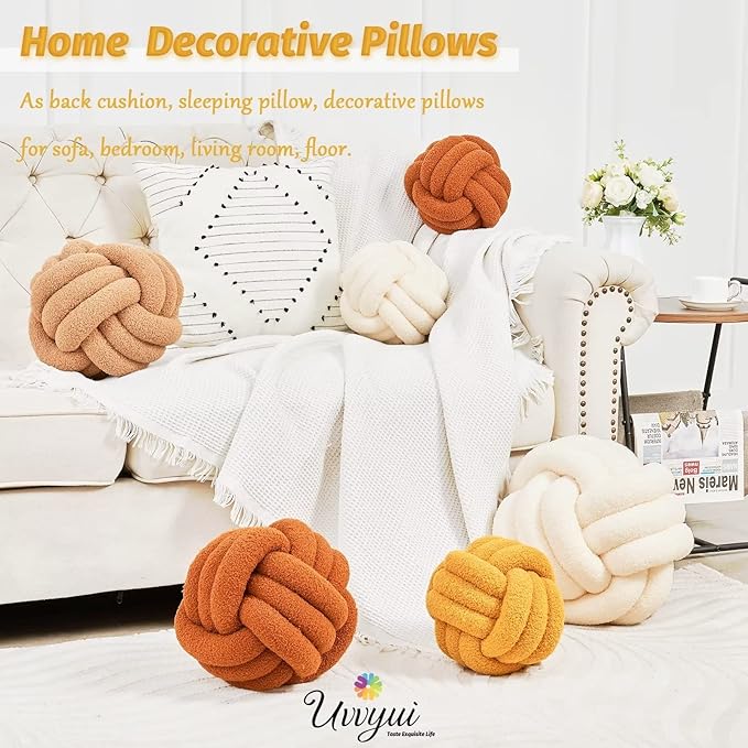 Uvvyui Knot Pillow Ball, Soft Home Decorative Pillows, Round Throw Pillow, Handmade Knotted Plush Pillow, Round Boucle Pillow Cushion (11 Inches Dark Yellow)