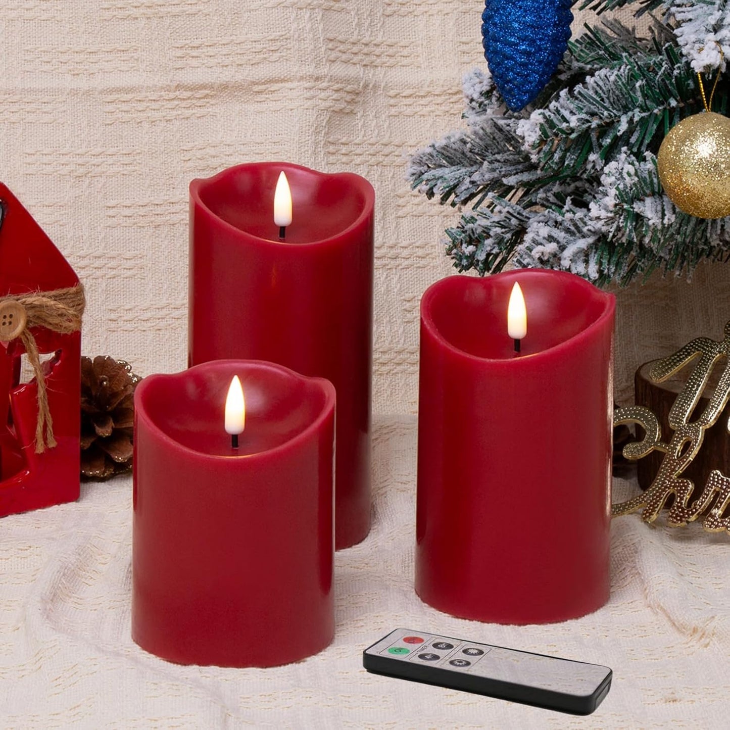 Eywamage Red Flameless LED Pillar Candles with Remote, Real Wax Flickering Battery Operated Christmas Candles Set of 3