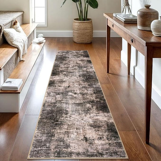 IOHOUZE Abstract Runner Rug 2x8 Ft Washable Runners for Hallways, Non Slip Kitchen Runner Printed Faux Wool Entryway Runner Indoor, Modern Abstract Floor Carpet for Hall Kitchen Bedroom, Brown/Rust