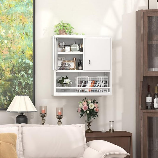LUCYPAL Metal Wall Cabinet,Garage Wall Mounted Cabinets with Adjustable Shelf and Doors,Steel Hanging Cabinet with Open Storage for Home Office,Bathroom,Kitchen,White