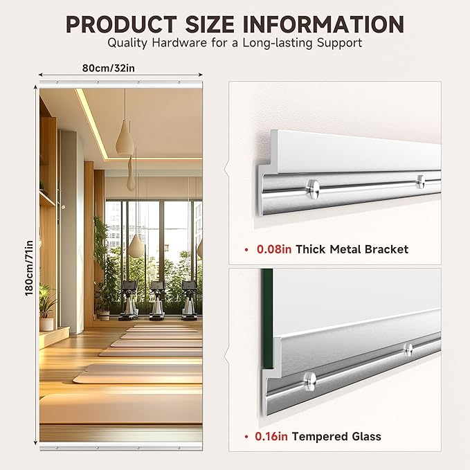Home Gym Mirror, 71'' x 32'' x 1PCS, Large Full Body Mirror for Yoga, Frameless Tempered Glass, Wall Mounted for Home Gym, Garage, Bedroom, Bathroom