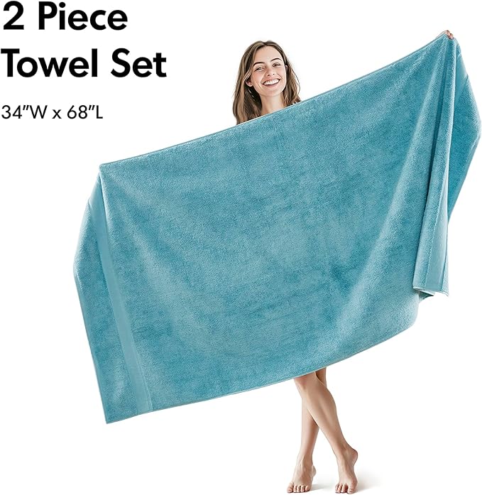 Madison Park 800GSM Bath Sheet Towel Oversized 34" x 68" 2 Pack 100% Cotton Bath Towel Set Highly Absorbent Hotel Spa Quality for Bathroom, Aqua