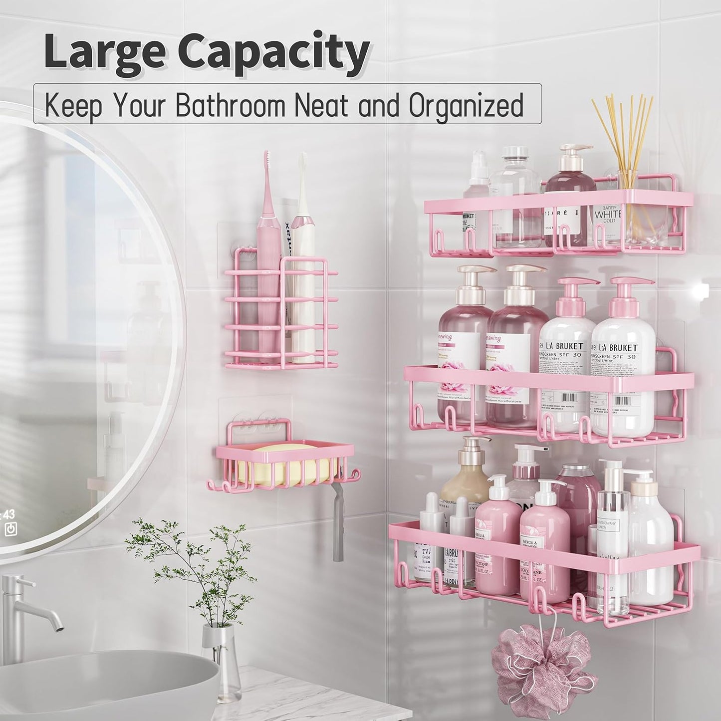 5 Pack Shower Caddy Organizer Rack Shelf for Inside Shower, Adhesive Bathroom Wall Storage Basket Rustproof Stainless Steel Shampoo Holder, Girly Bathroom Accessory Decor Set, Pink