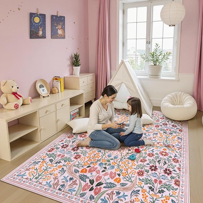 Lahome Floral Pink Boho Rugs for Classroom, 5x7 Washable Flower Dorm Rug for Bedroom Girls, Non Slip Plant Botanical Carpet for Nursery Living Room Kids Room, Soft Non Shedding Easy to Clean Carpets