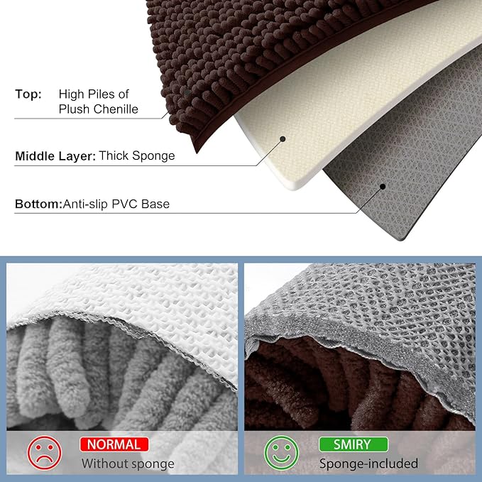 Smiry Luxury Chenille Bathroom Rugs 34x21, Extra Soft and Absorbent Shaggy Bath Mat, Machine Washable, Non-Slip Plush Carpet Runner for Tub, Shower, and Floor, Home Decor Accessories, Brown