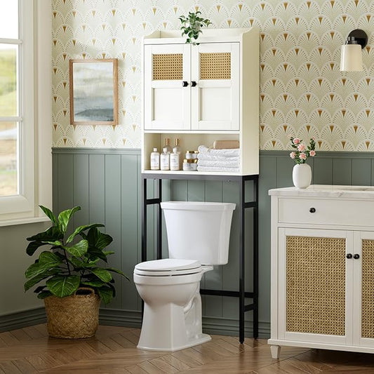 Over The Toilet Storage Cabinet, Bathroom Organizer Over Toilet Storage with Rattan Doors and Soft Hinges Above Toilet Bathroom Storage Over-The-Toilet Storage (Cream White)