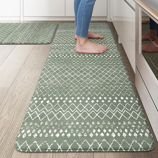 KIMODE Kitchen Anti Fatigue Mats, Green Farmhouse Kitchen Rugs Sets of 2, Memory Foam Kitchen Mats for Floor, Waterproof Standing Mat for Sink Laundry Office Desk 20"x47"+20"x32"
