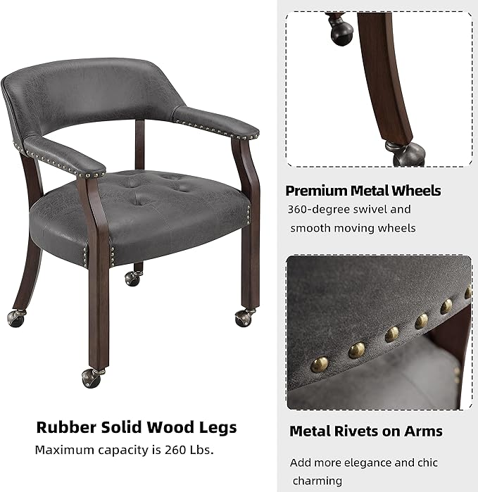 MODERION Modern Classic Dinning Chairs with Wheels and Arms, Office Desk Chairs, 31.5H for Living Room, Gray, Rubber Wood, Suede, Memory Foam, 260 lbs Capacity
