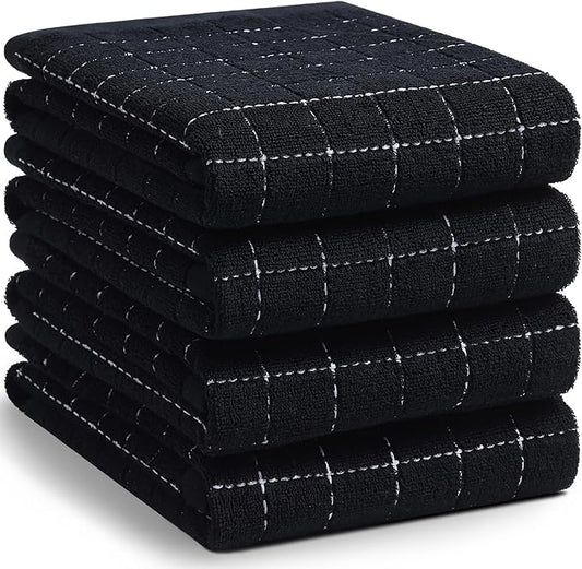 Homaxy 100% Cotton Terry Kitchen Towels(Black, 20 x 28 inches), Checkered Designed, Soft and Super Absorbent Dish Towels, Large 4 Pack