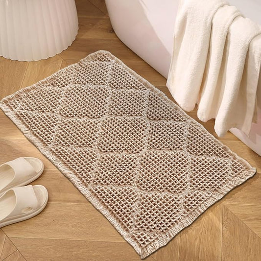 ZALL Tan Waffle Bath Mat,Super Absorbent Non Slip Bathroom Rug,Brown 24x36inch, Geometric Diamond Machine Washable Ultra Soft Floor Mats