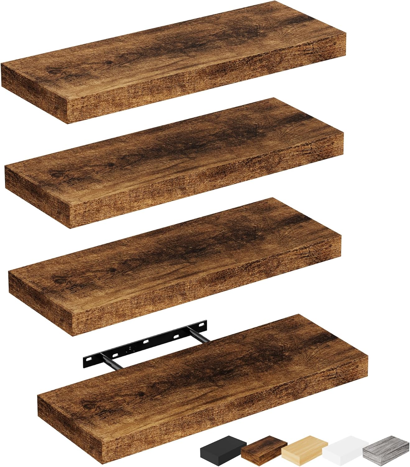 Bellsal Rustic Brown Wood Wall Shelf Set of 4, 16" Floating Shelves for Kitchen