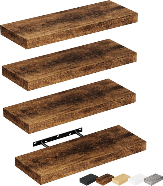 Bellsal Rustic Brown Wood Wall Shelf Set of 4, 16" Floating Shelves for Kitchen