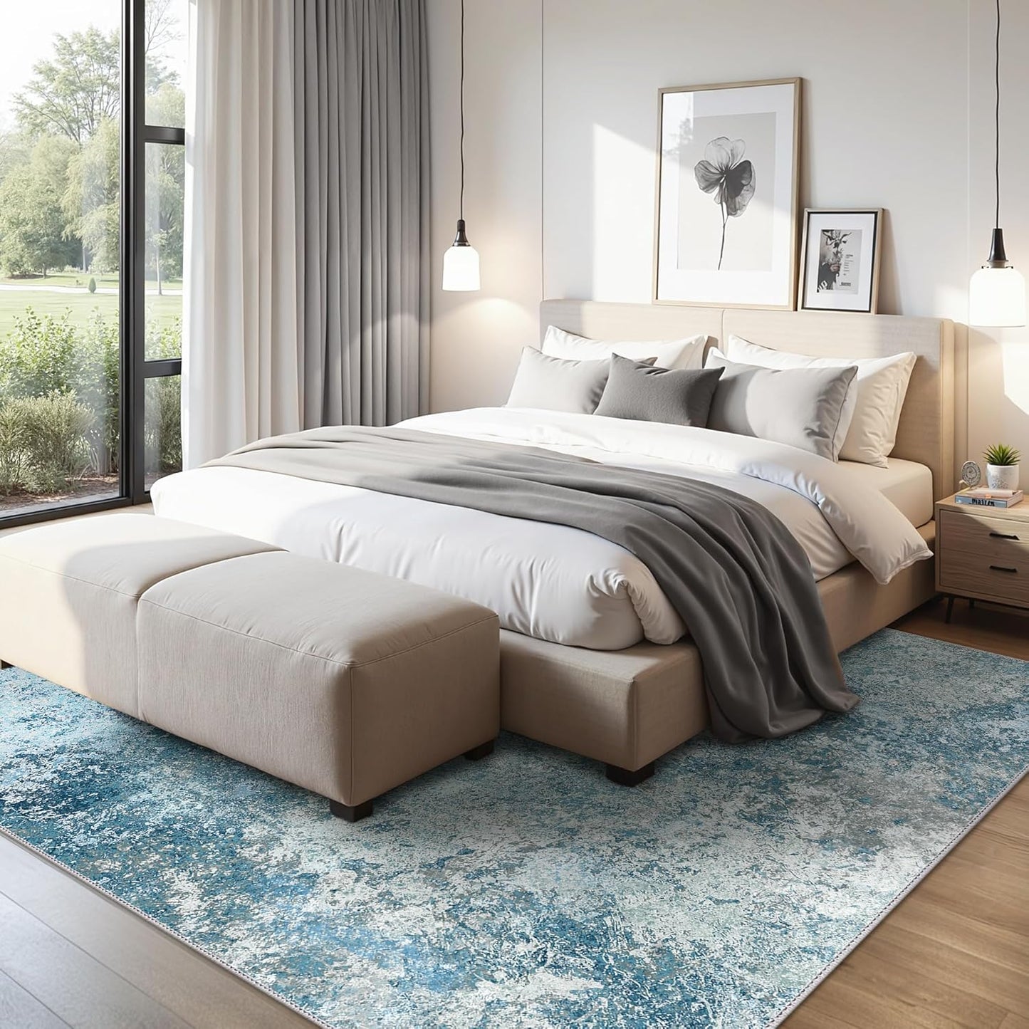 Area Rugs 8x10 for Living Room Bedroom, Modern Abstract Machine Washable Rug, Large Soft Low Pile Floor Carpet with Non Slip Backing for Dining Room, Ice Blue Beige