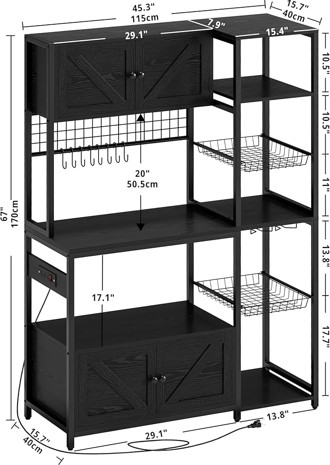 IRONCK Bakers Rack with 2 Storage Cabinets and Power Outlet, 45.3 Inch Industrial Coffee Bar Cabinet Shelves, Kitchen Microwave Stand with Storage, Vintage Black