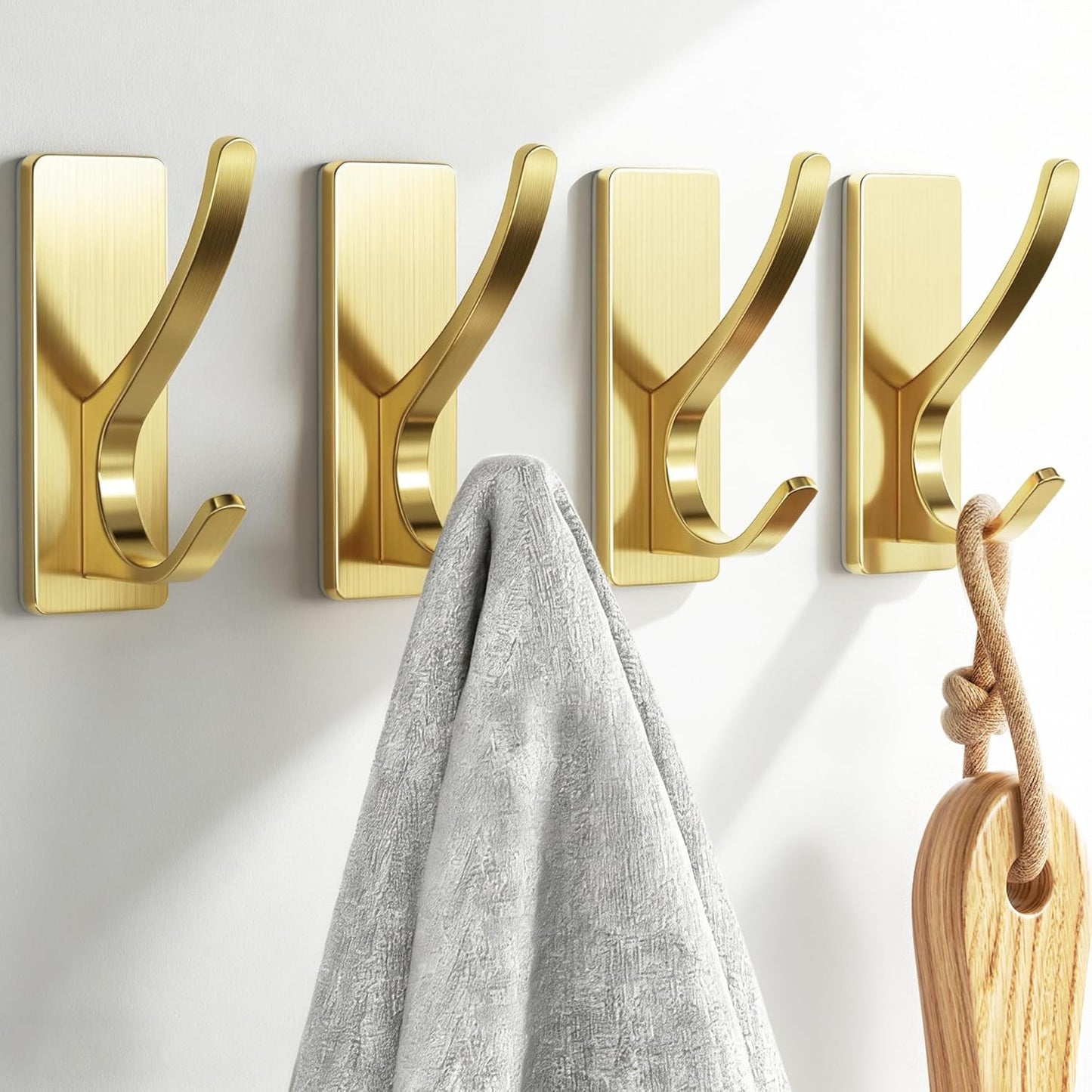Self Adhesive Coat Hooks for Hanging, Heavy Duty Stainless Double Wall Hook for Towel, Backpack, Hat, Sturdy Metal Hanger for Bathroom, Bedroom, Door, Wall Mounted, 4-Pack, Brushed Gold