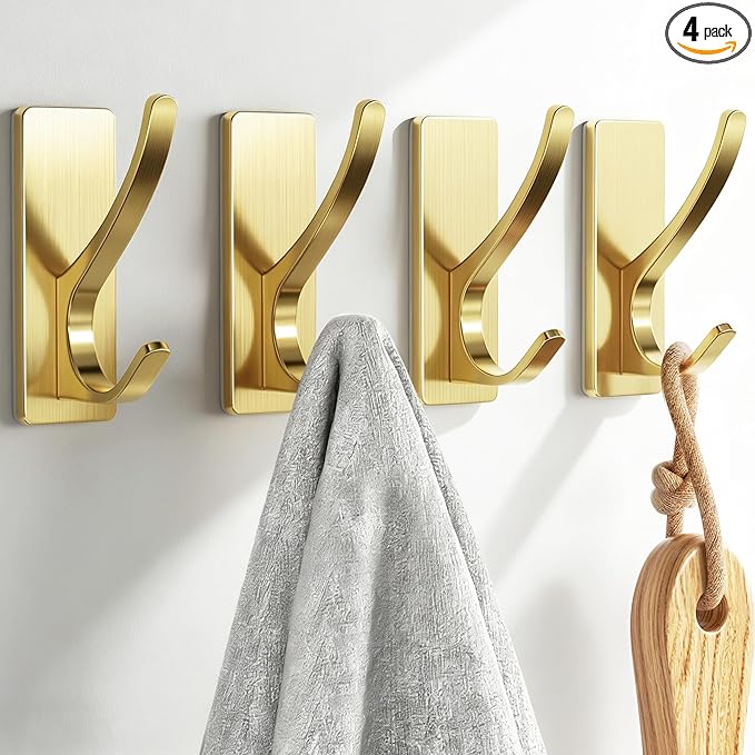 Self Adhesive Coat Hooks for Hanging, Heavy Duty Stainless Double Wall Hook for Towel, Backpack, Hat, Sturdy Metal Hanger for Bathroom, Bedroom, Door, Wall Mounted, 4-Pack, Brushed Gold