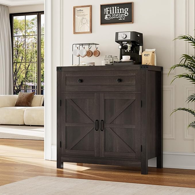 HOSTACK Coffee Bar Cabinet, Kitchen Storage Cabinet, Modern Farmhouse Buffet Sideboard with Drawer and Adjustable Shelf, Barn Door Accent Cabinets for Kitchen, Dining Room, Entryway, Dark Brown