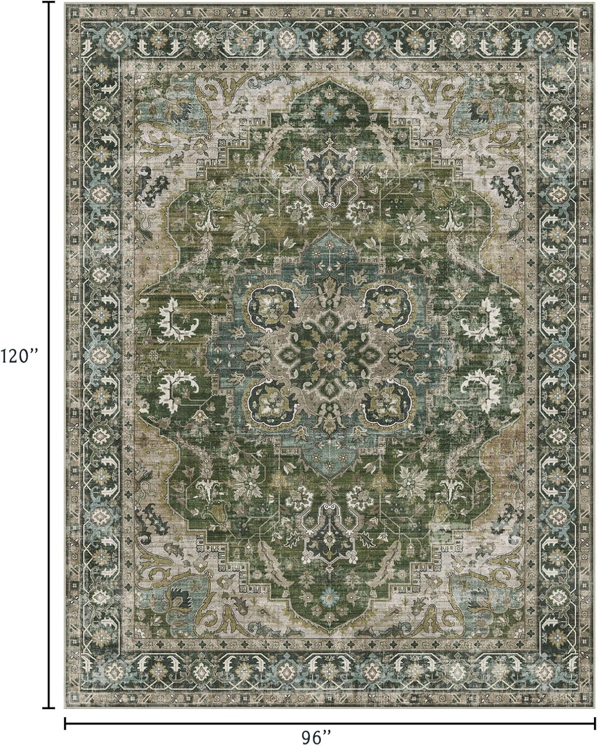 Washable Area Rug 8x10 - Large Moss Green Boho Rugs for Living Room Soft Vintage Bedroom Rug Ultra-Thin Distressed Oriental Carpet Stain Resistant Rug for Dining Room Guest Room Home Decor