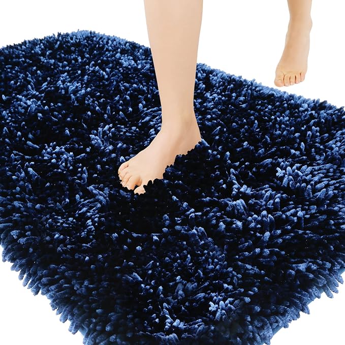 Yimobra Long Bathroom Rug Non Slip 44x24 Inch, Extra Thick Soft Absorbent Chenille Bath Mat, Machine Washable Quick Dry Bath Rugs for Bathroom Floor, Tub and Shower, Home Decor Accessories, Dark Blue